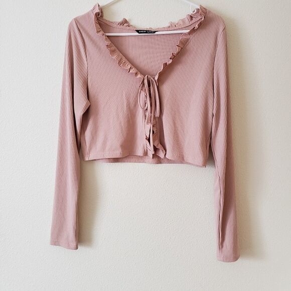 SHEIN Women Ruffle Trim Knot Front Crop Top size L - Picture 3 of 8